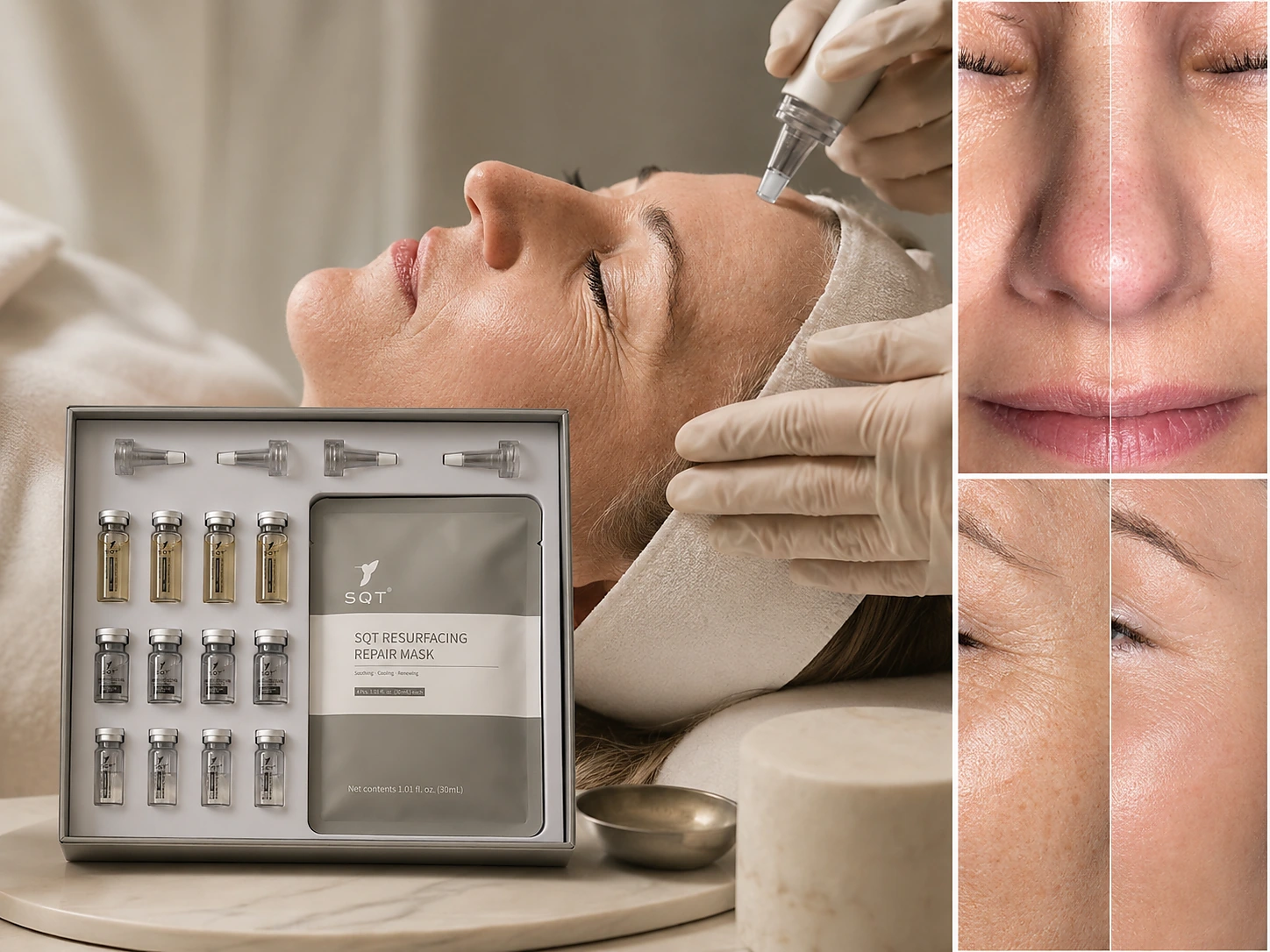 SQT Bio Microneedling treatment, SQT product kit and skin results at Vershashi Beauty Lounge